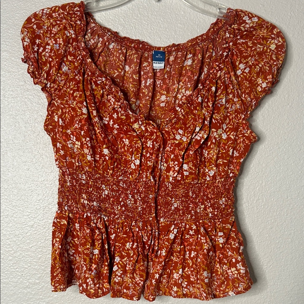Old Navy Red Floral Smocked Blouse